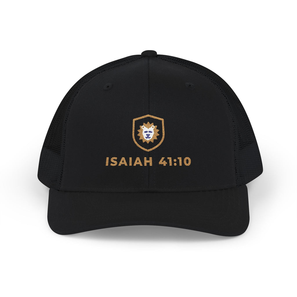 Lion Crest Trucker Cap, trucker cap, Black, front view, FEAR NOT., Isaiah 41:10 (KJV)