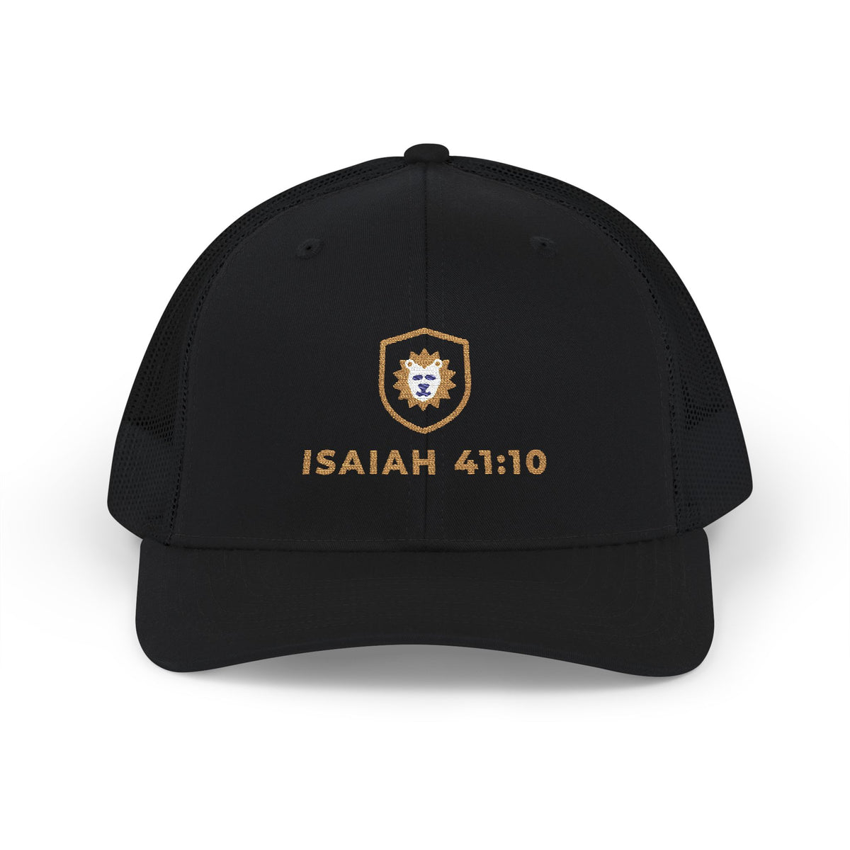 Lion Crest Trucker Cap, trucker cap, Black, front view, FEAR NOT., Isaiah 41:10 (KJV)