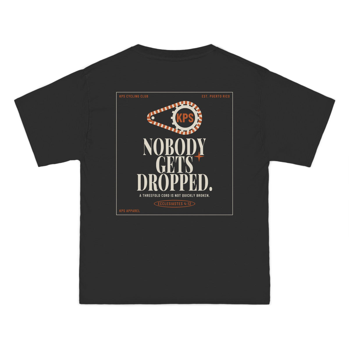 KPS Cycling Club Tee, Black, back view, KPS CYCLING CLUB. Ecclesiastes 4:12 (KJV)