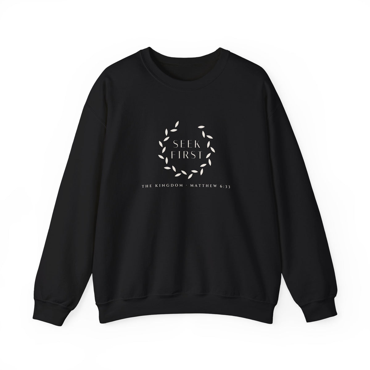 Seek First Wreath Crewneck, sweatshirt, Black, front view, SEEK FIRST., Matthew 6:33 (KJV)