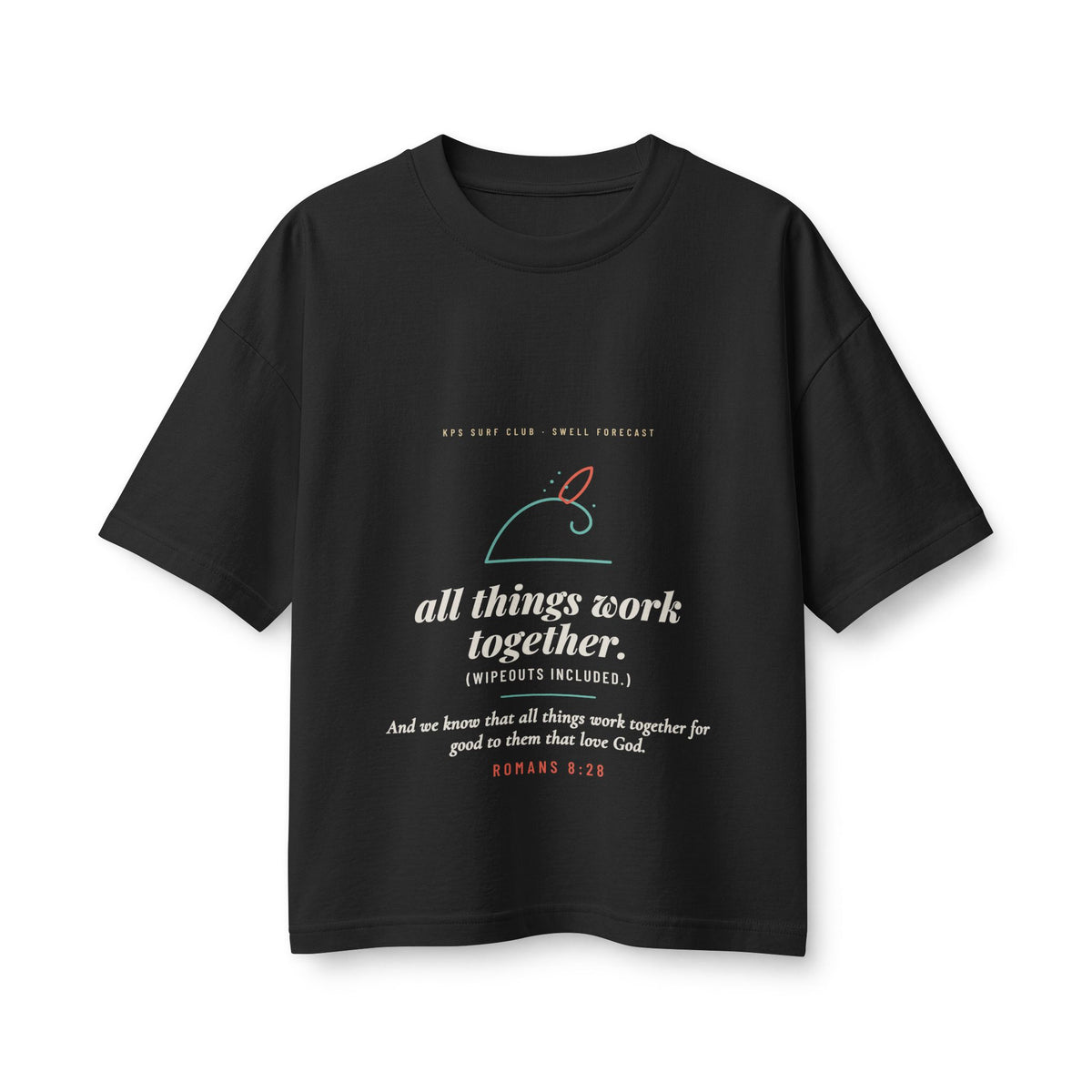 All Things Work Together Women's Boxy Tee, Vintage Black, front view, ALL THINGS WORK TOGETHER. (WIPEOUTS INCLUDED.) Romans 8:28 (KJV)