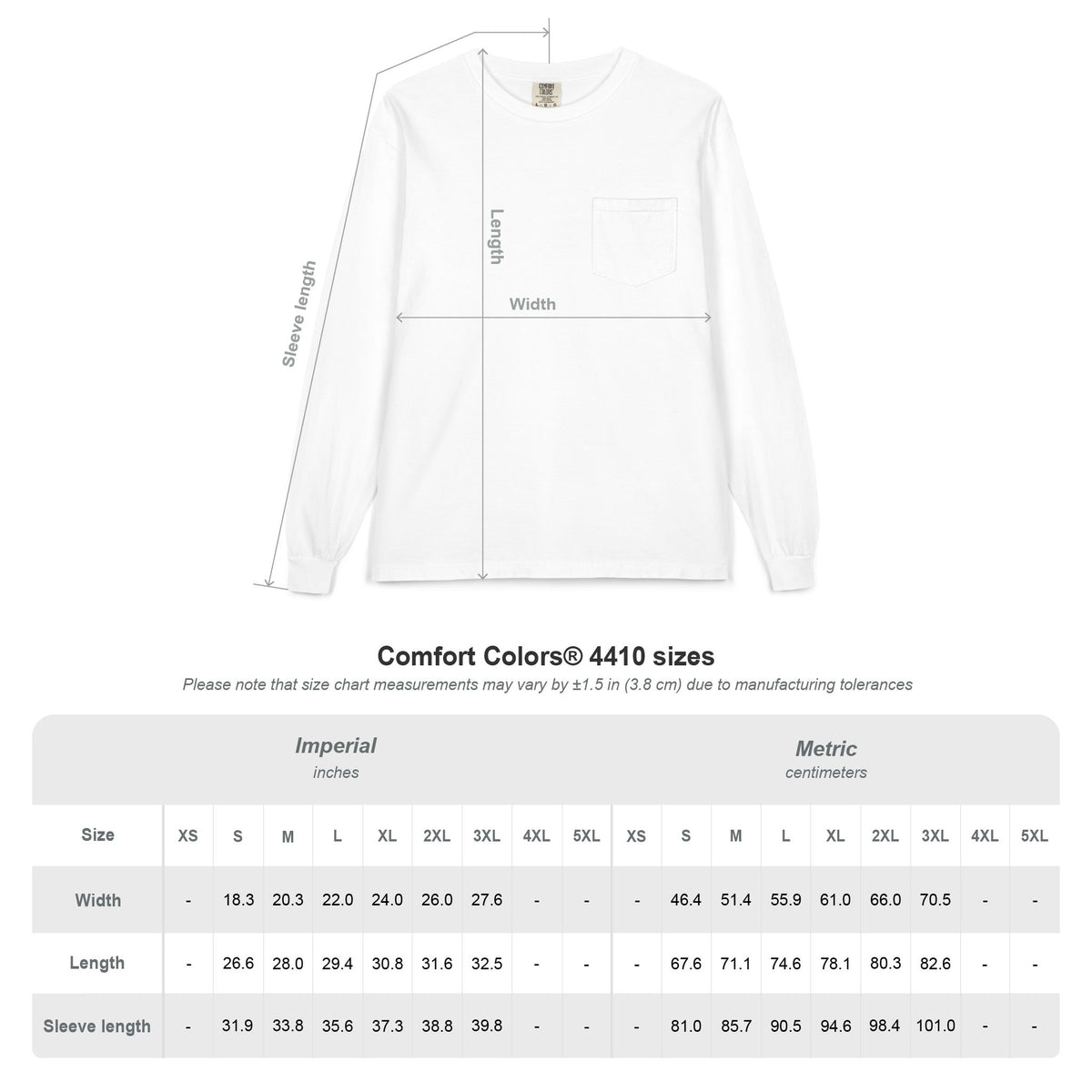 Wave Pocket Long Sleeve, size chart with measurements