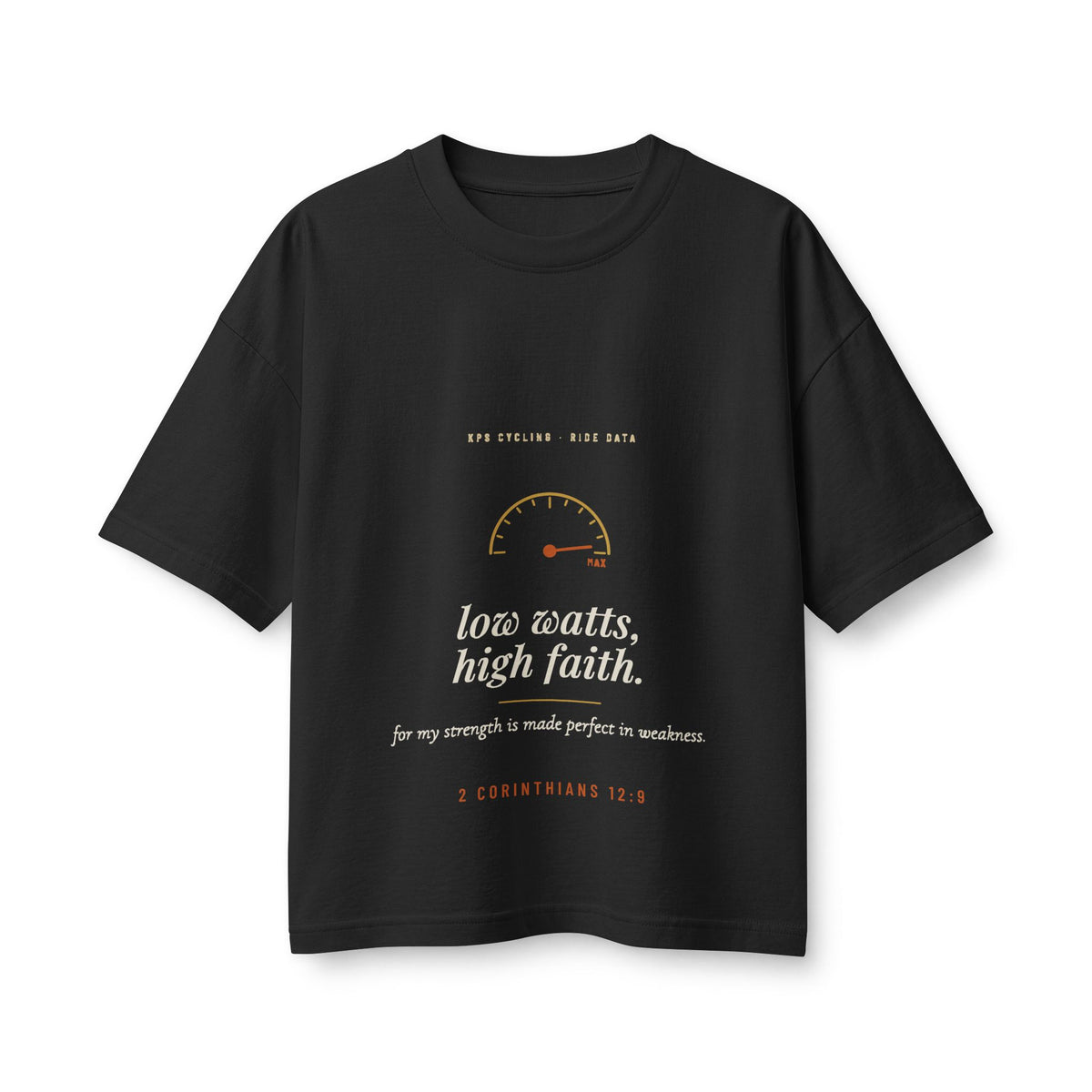 Low Watts High Faith Women's Boxy Tee, Vintage Black, front view, LOW WATTS. HIGH FAITH. 2 Corinthians 12:9 (KJV)