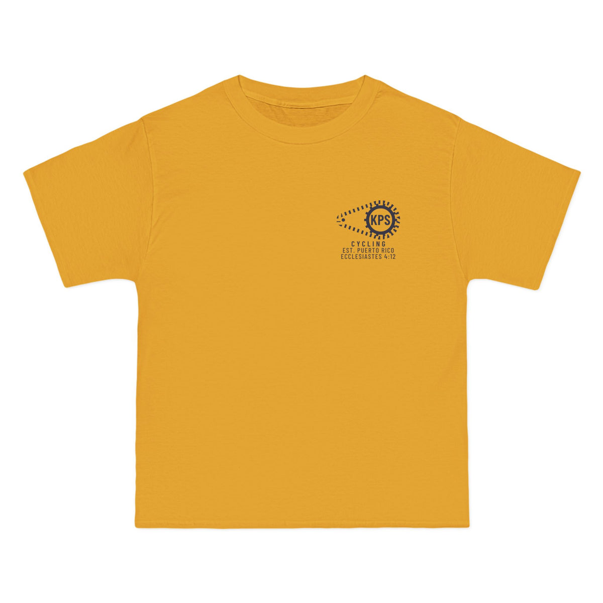 KPS Cycling Club Tee, Gold, front view, KPS CYCLING CLUB., Ecclesiastes 4:12 (KJV)