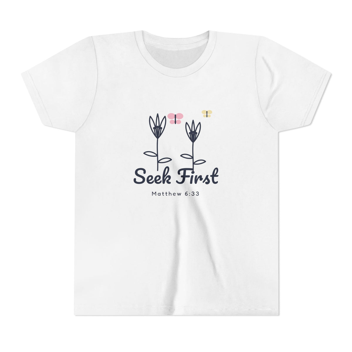 Seek First Lilies Youth Tee, kids' t-shirt, White, front view, SEEK FIRST., Matthew 6:33 (KJV)