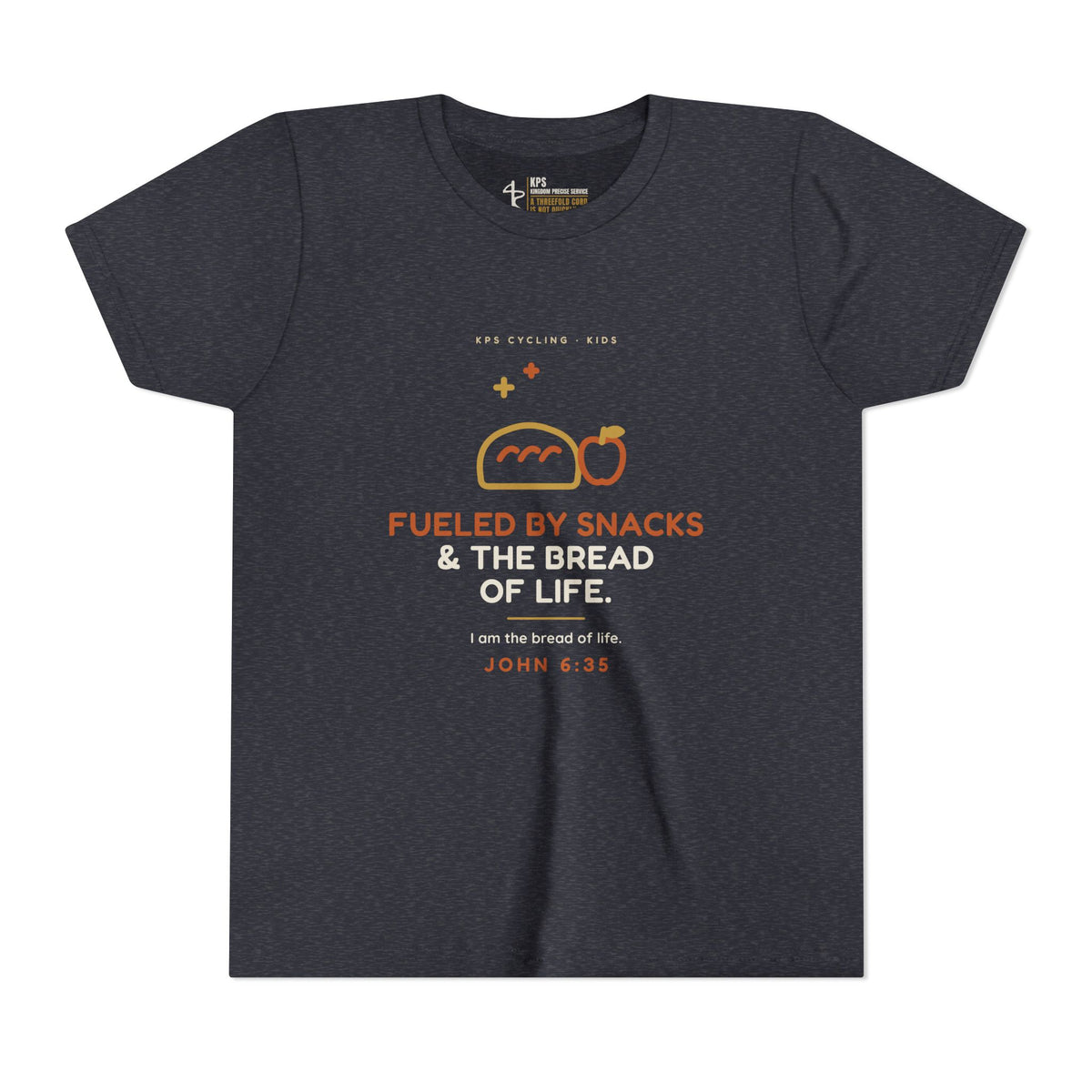 Fueled by Snacks & the Bread of Life Youth Tee, Heather Navy, front view, FUELED BY SNACKS & THE BREAD OF LIFE., John 6:35 (KJV)