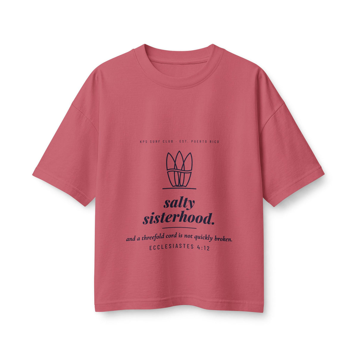 Salty Sisterhood Women's Boxy Tee, Vintage Red, front view, SALTY SISTERHOOD. Ecclesiastes 4:12 (KJV)