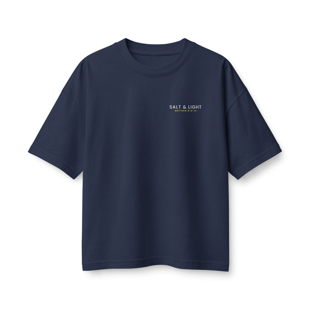 Salt & Light Women's Boxy Tee, Navy, front view, small chest print, SALT & LIGHT., Matthew 5:13–14 (KJV)