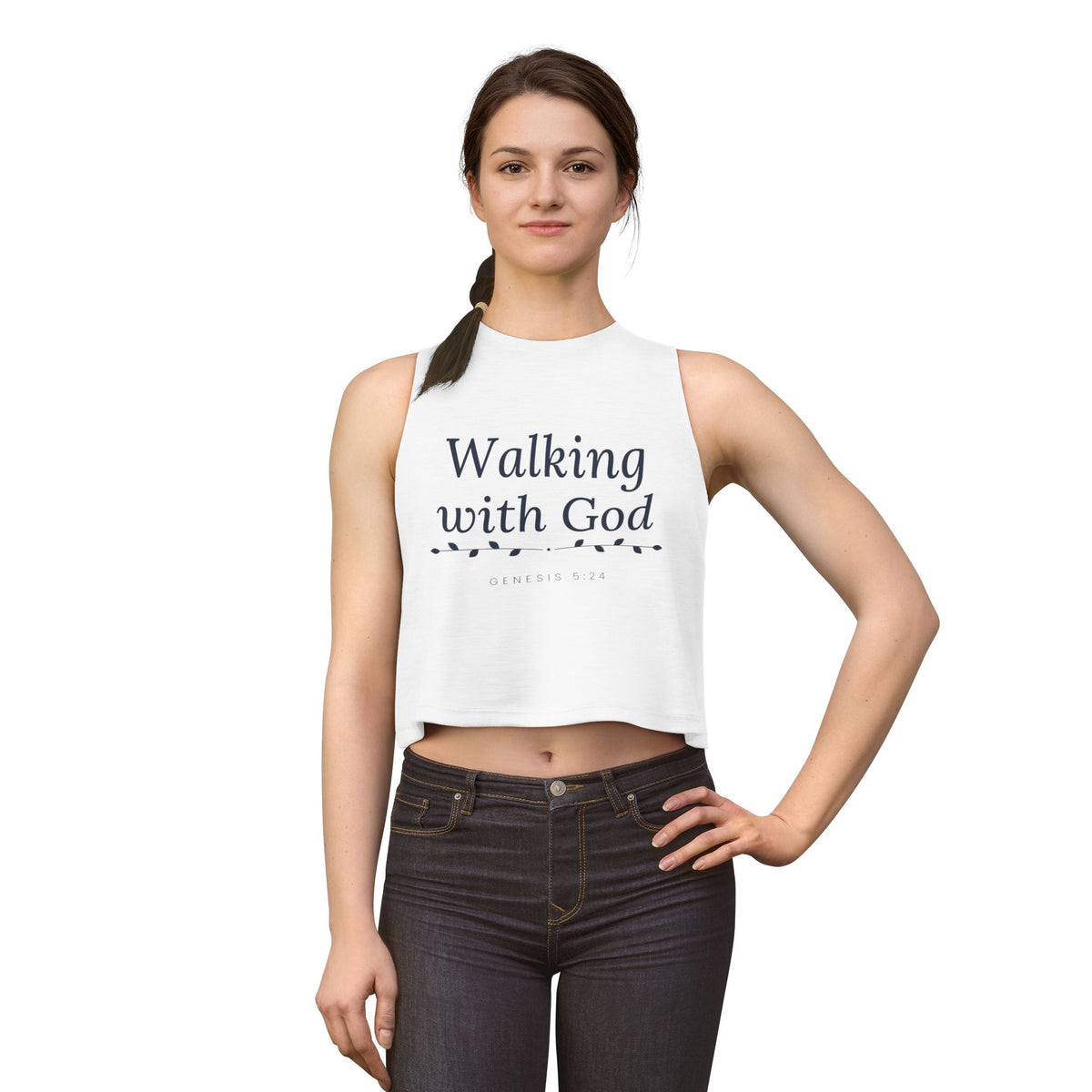 Walking With God Crop Tank, crop tank, Solid White Blend, front view, worn by a woman, WALKING WITH GOD., Genesis 5:24 (KJV)