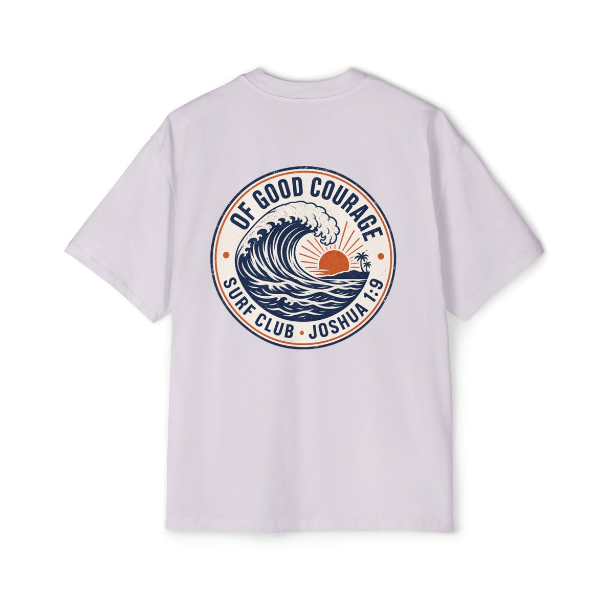 Of Good Courage Surf Club Oversized Tee, t-shirt, Orchid, back view, OF GOOD COURAGE., Joshua 1:9 (KJV)