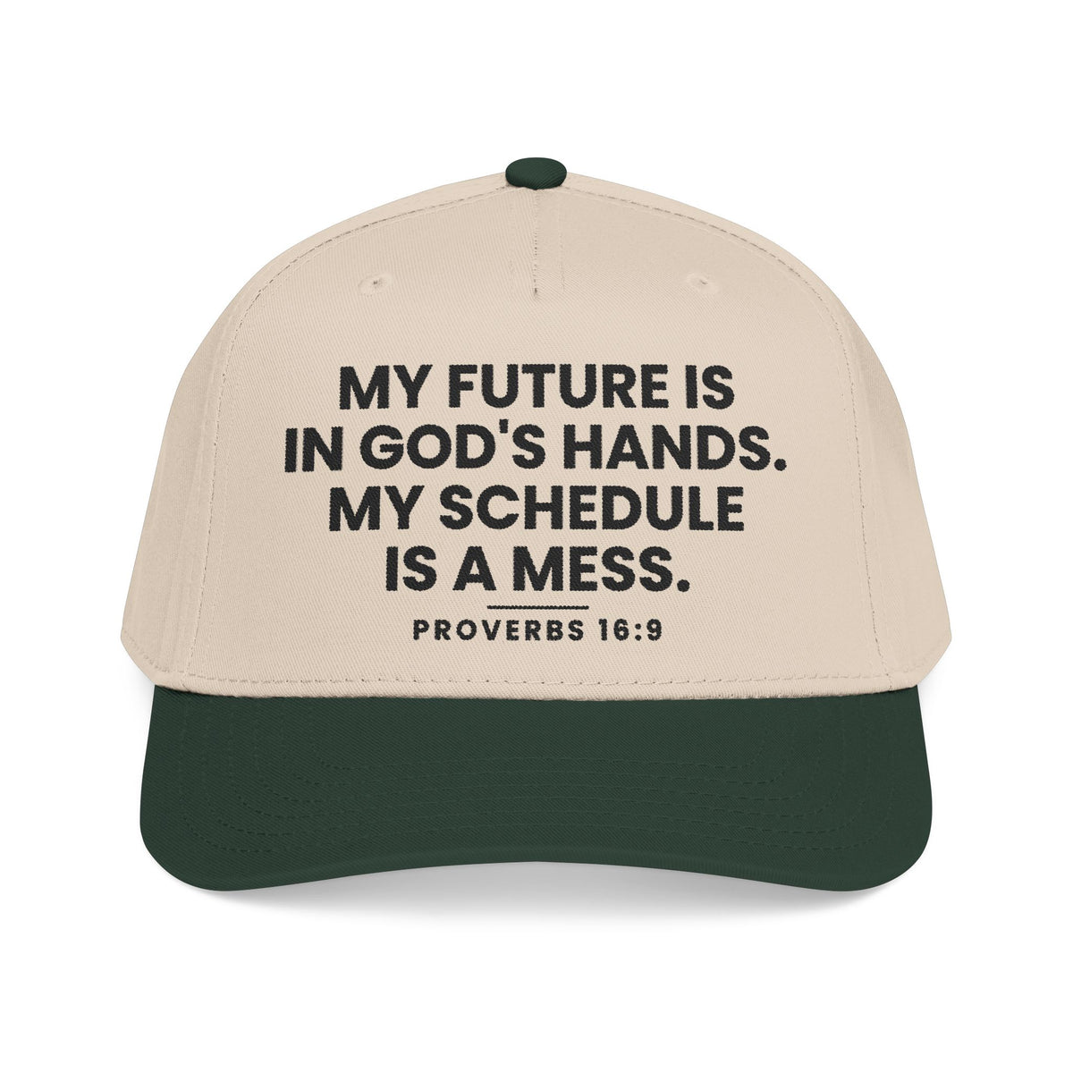 God's Hands Cap, Dark Green/Natural, front view, MY FUTURE IS IN GOD'S HANDS. MY SCHEDULE IS A MESS., Proverbs 16:9 (KJV)