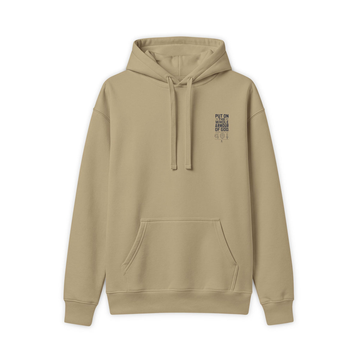 Armor of God Hoodie, Tan, front view, small chest print, PUT ON THE WHOLE ARMOUR OF GOD., Ephesians 6:11 (KJV)