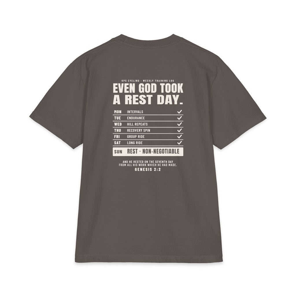 Even God Took a Rest Day Cycling Tee, Dark Grey, back view, EVEN GOD TOOK A REST DAY. Genesis 2:2 (KJV)