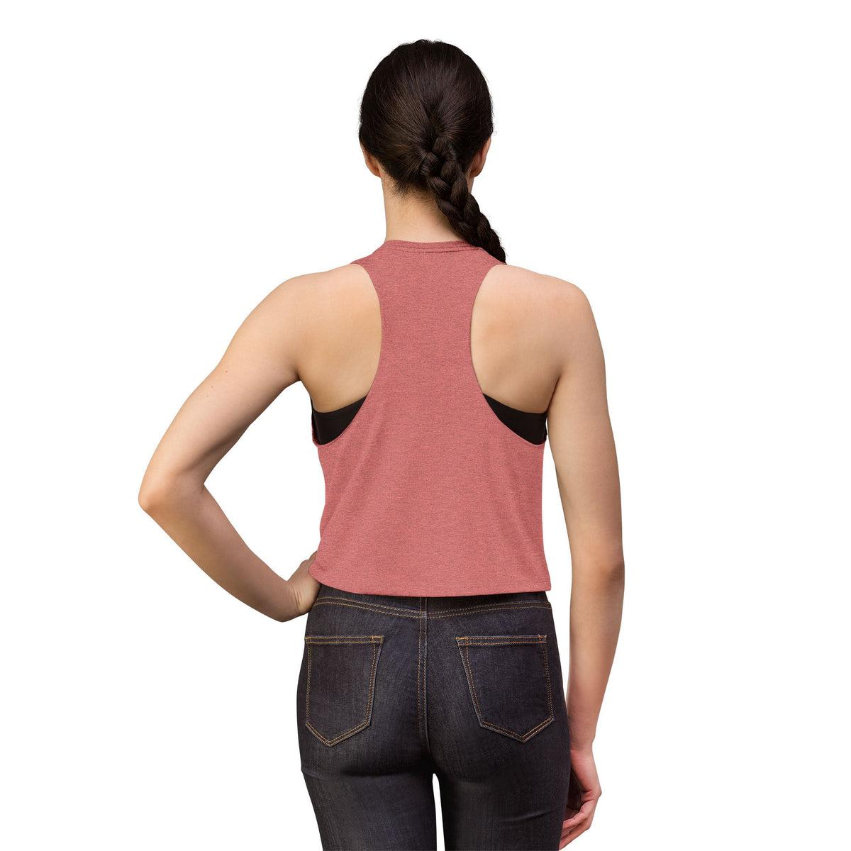 Walking With God Crop Tank, crop tank, Heather Mauve, back view, worn by a woman, WALKING WITH GOD., Genesis 5:24 (KJV)