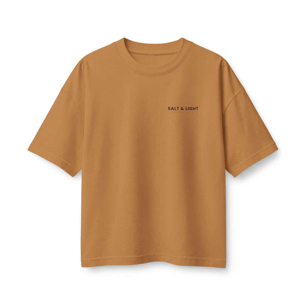 Salt & Light Women's Boxy Tee, Toast, front view, small chest print, SALT & LIGHT., Matthew 5:13–14 (KJV)