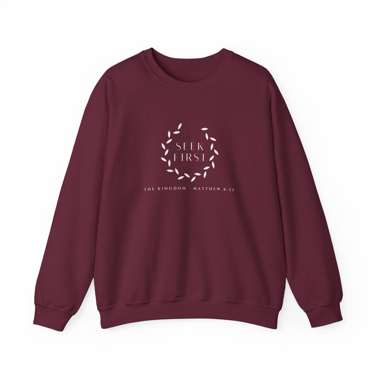 Seek First Wreath Crewneck, sweatshirt, Maroon, front view, SEEK FIRST., Matthew 6:33 (KJV)