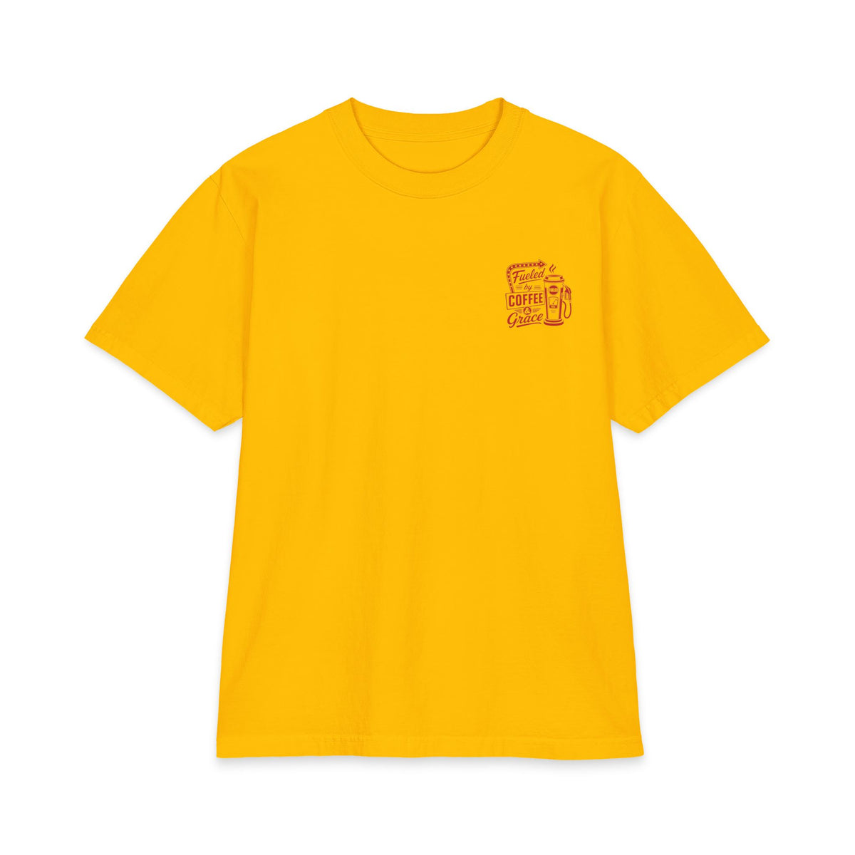 Fueled by Coffee & Grace Tee, t-shirt, Gold, front view, FUELED BY COFFEE & GRACE., 2 Corinthians 12:9 (KJV)