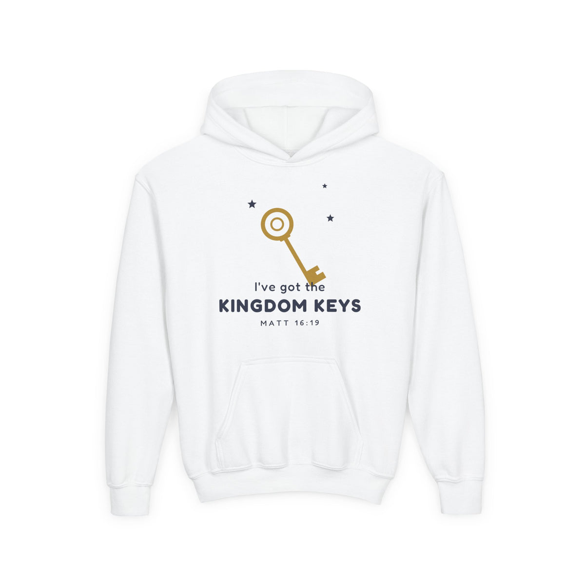 Kingdom Keys Youth Hoodie, kids' hoodie, White, front view, I'VE GOT THE KINGDOM KEYS., Matthew 16:19 (KJV)