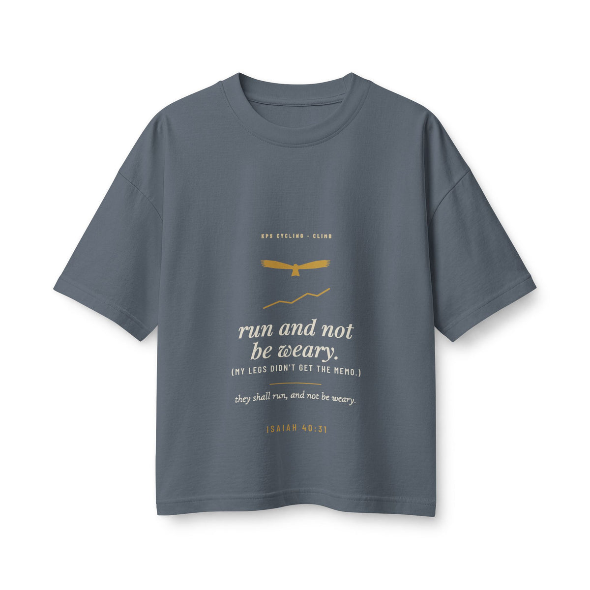 Run and Not Be Weary Women's Boxy Tee, Vintage Navy, front view, RUN AND NOT BE WEARY. (MY LEGS DIDN'T GET THE MEMO.) Isaiah 40:31 (KJV)