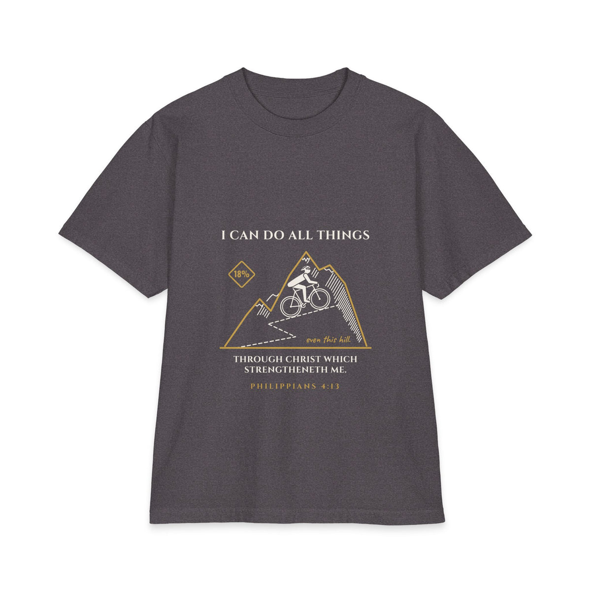 I Can Do All Things (Even This Hill) Cycling Tee, Charcoal Grey, front view, I CAN DO ALL THINGS. (EVEN THIS HILL.) Philippians 4:13 (KJV)