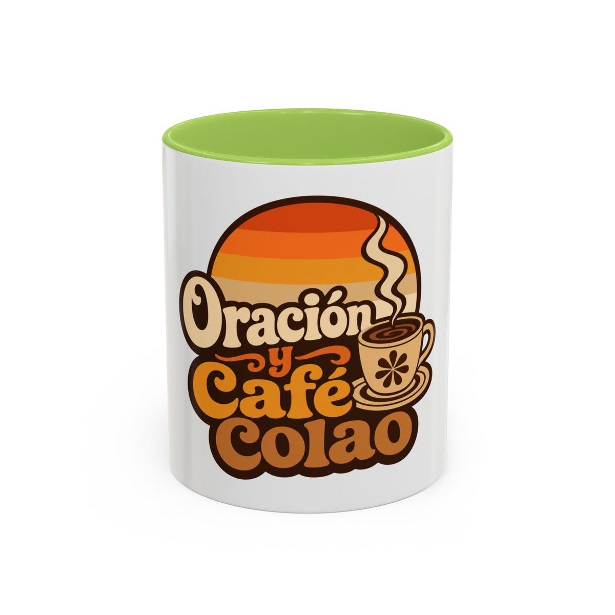 Oración y Café Colao Mug, mug, Light Green inside and handle, front view, ORACIÓN Y CAFÉ COLAO., Psalm 5:3 (KJV)