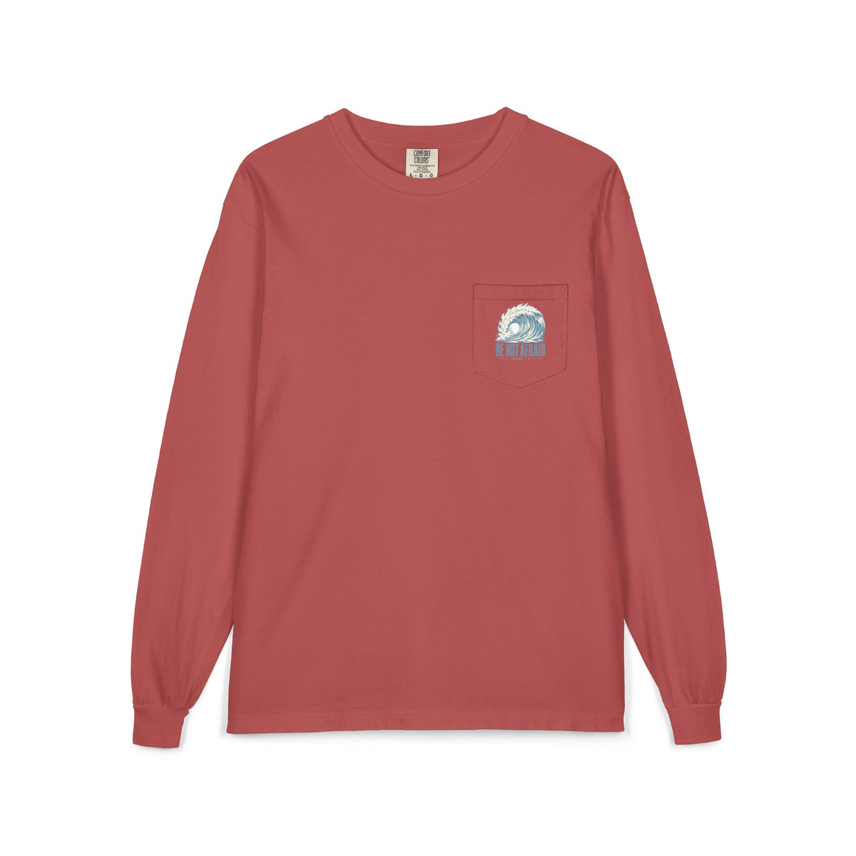 Wave Pocket Long Sleeve, long-sleeve tee, Crimson, front view, BE NOT AFRAID., Joshua 1:9 (KJV)