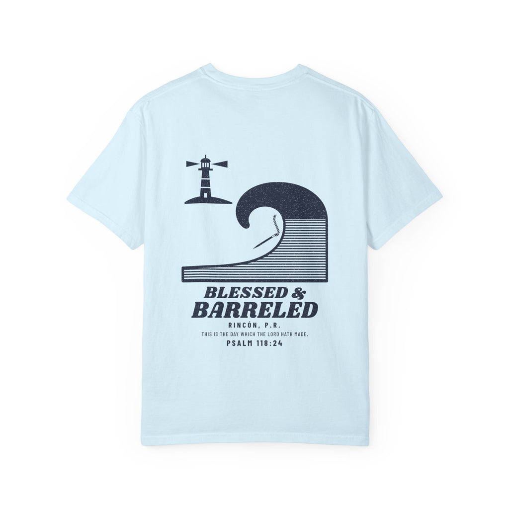Blessed & Barreled Surf Tee, Chambray, back view, BLESSED & BARRELED. Psalm 118:24 (KJV)