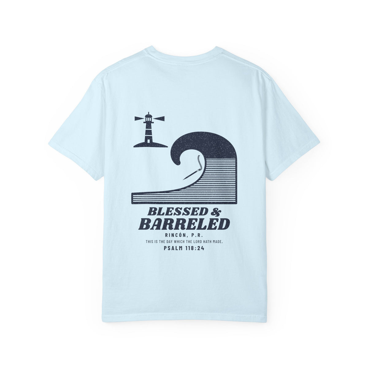Blessed & Barreled Surf Tee, Chambray, back view, BLESSED & BARRELED. Psalm 118:24 (KJV)