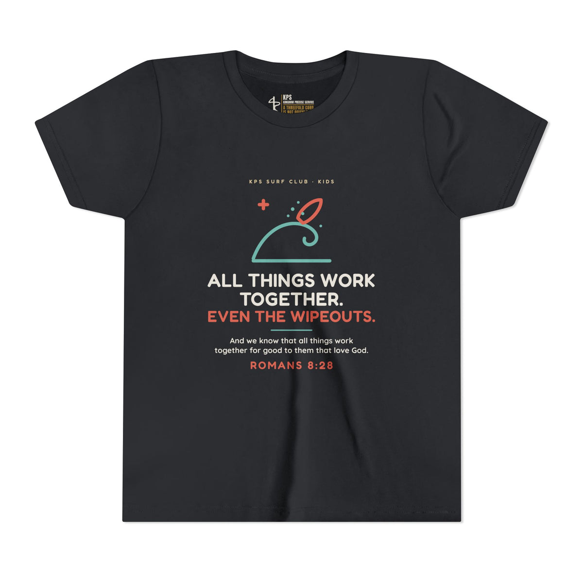 All Things Work Together (Even the Wipeouts) Youth Tee, Vintage Black, front view, ALL THINGS WORK TOGETHER. EVEN THE WIPEOUTS., Romans 8:28 (KJV)