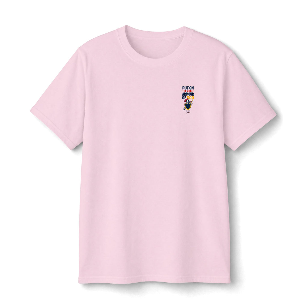 Armor of God Kids Tee in Light Pink, small front chest print