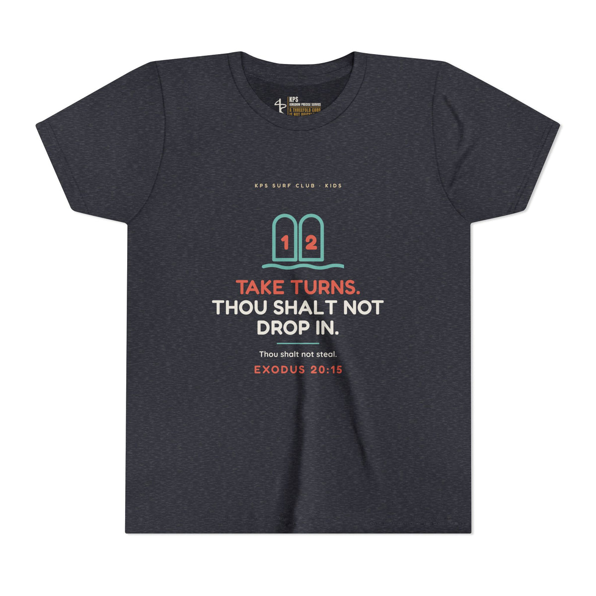 Take Turns Youth Tee, Heather Navy, front view, TAKE TURNS. THOU SHALT NOT DROP IN., Exodus 20:15 (KJV)