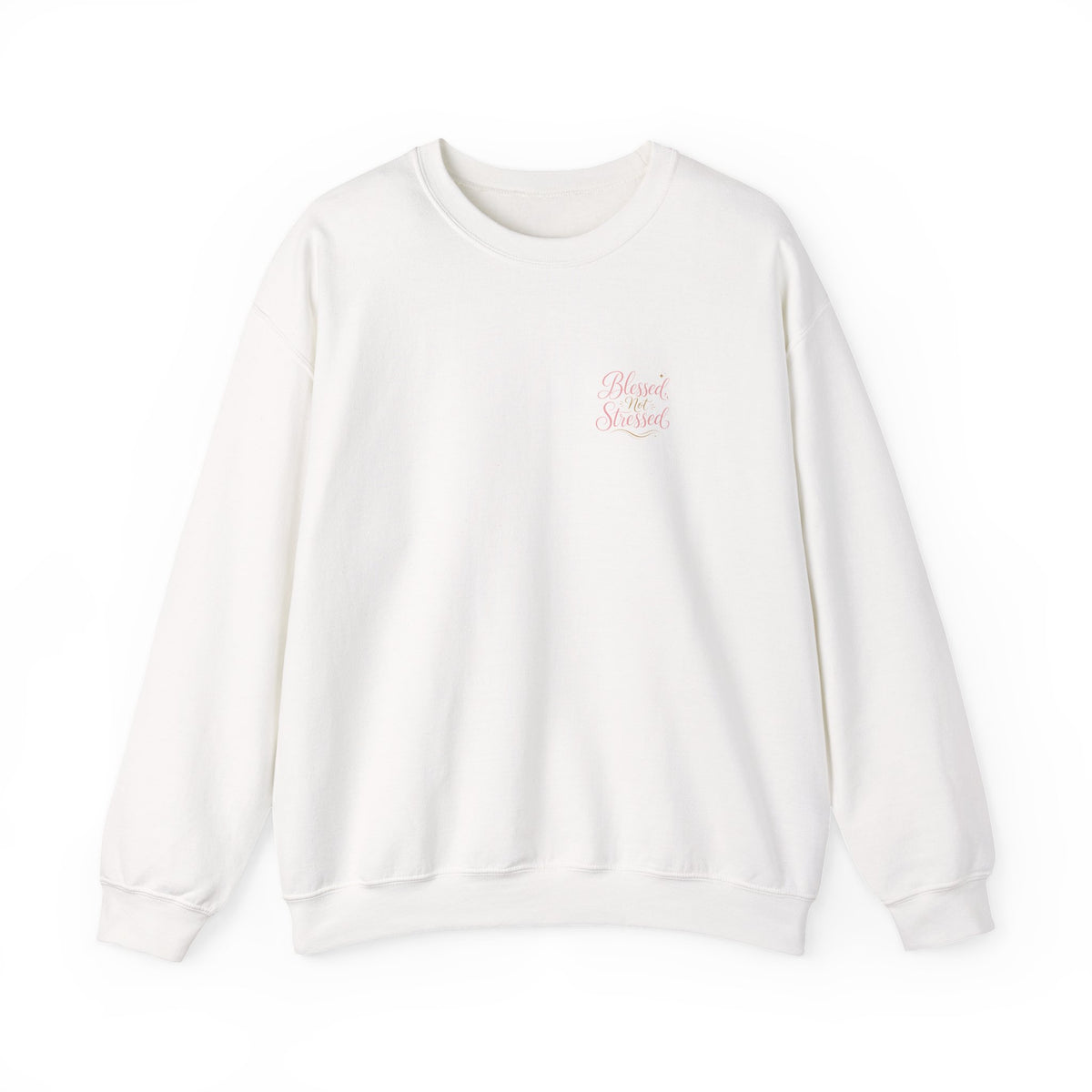 Blessed Not Stressed Crewneck, sweatshirt, White, front view, BLESSED NOT STRESSED., Philippians 4:6–7 (KJV)