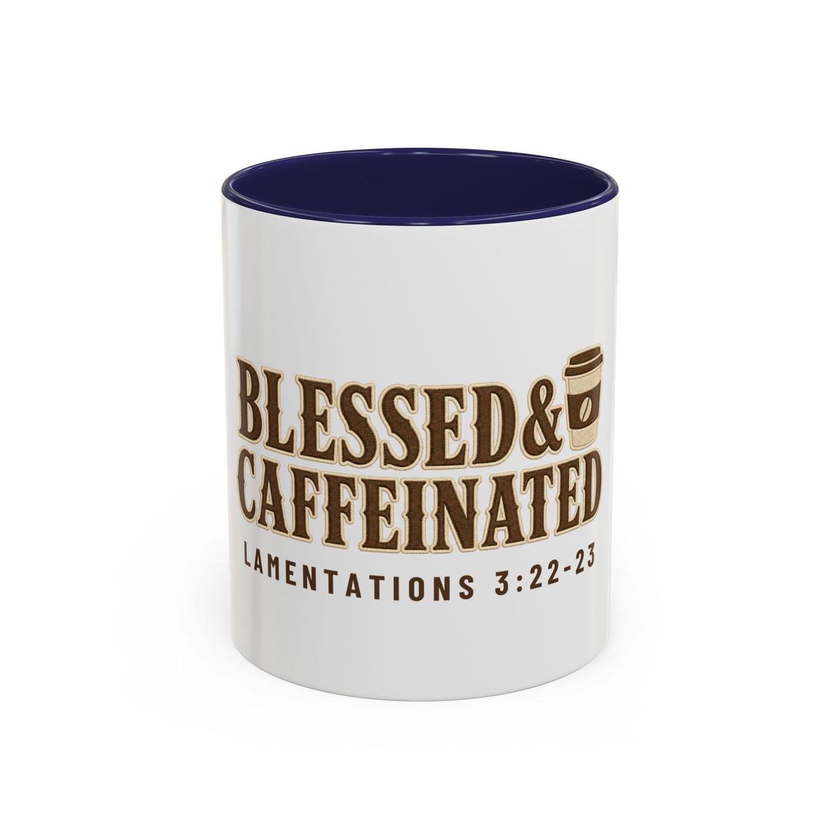 Blessed & Caffeinated Mug, mug, Navy inside and handle, front view, BLESSED & CAFFEINATED, Lamentations 3:22-23 (KJV)