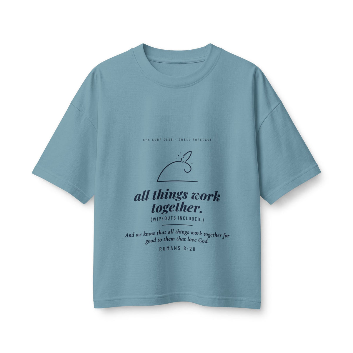 All Things Work Together Women's Boxy Tee, Vintage Denim, front view, ALL THINGS WORK TOGETHER. (WIPEOUTS INCLUDED.) Romans 8:28 (KJV)