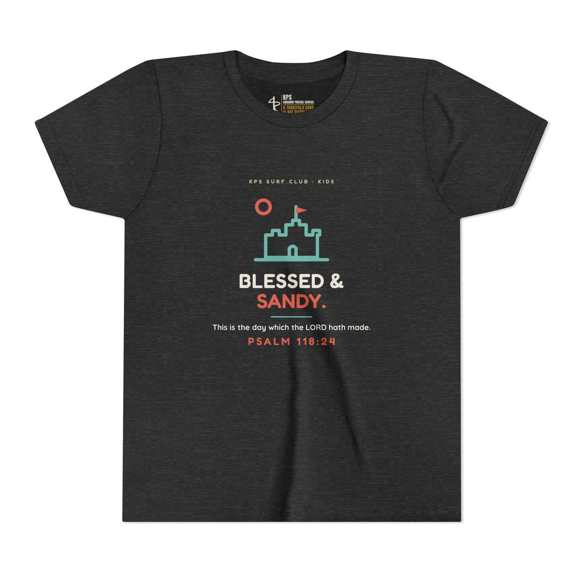 Blessed & Sandy Youth Tee, Dark Grey Heather, front view, BLESSED & SANDY., Psalm 118:24 (KJV)