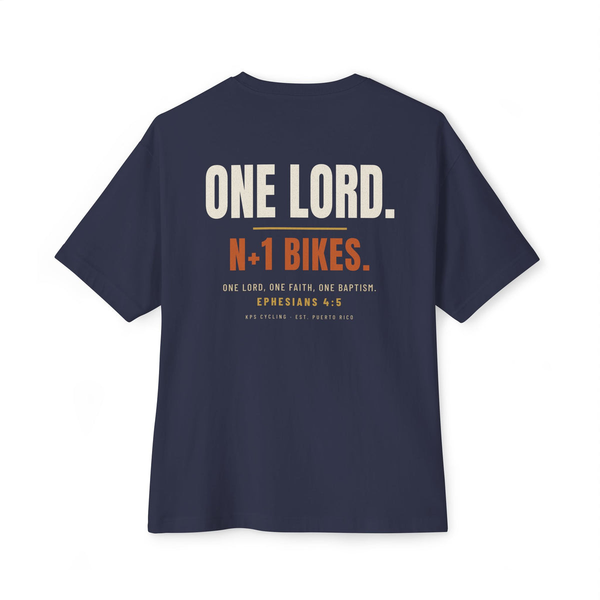 One Lord N+1 Bikes Cycling Tee, Navy, back view, ONE LORD. N+1 BIKES. Ephesians 4:5 (KJV)