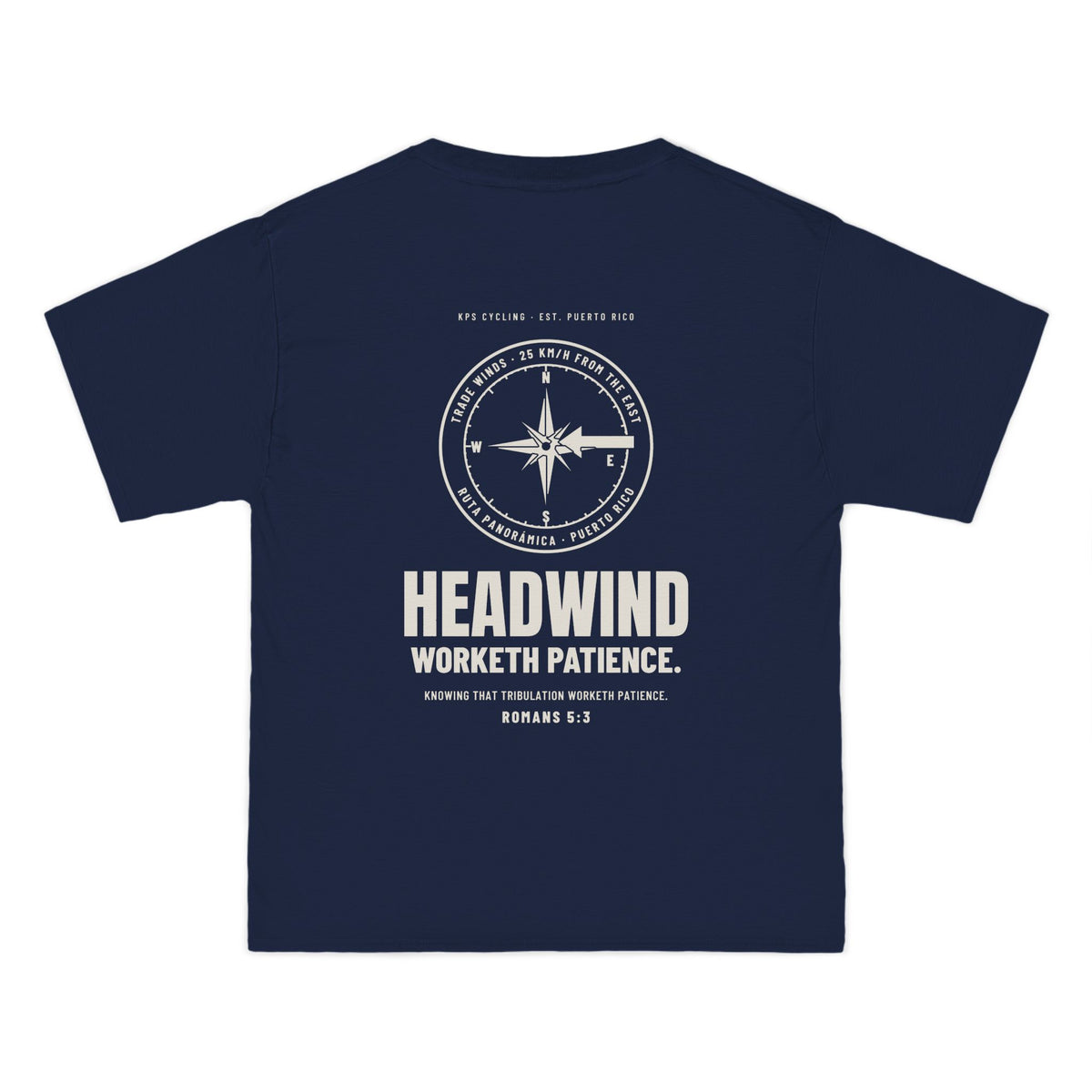 Headwind Worketh Patience Cycling Tee, Navy, back view, HEADWIND WORKETH PATIENCE. Romans 5:3 (KJV)