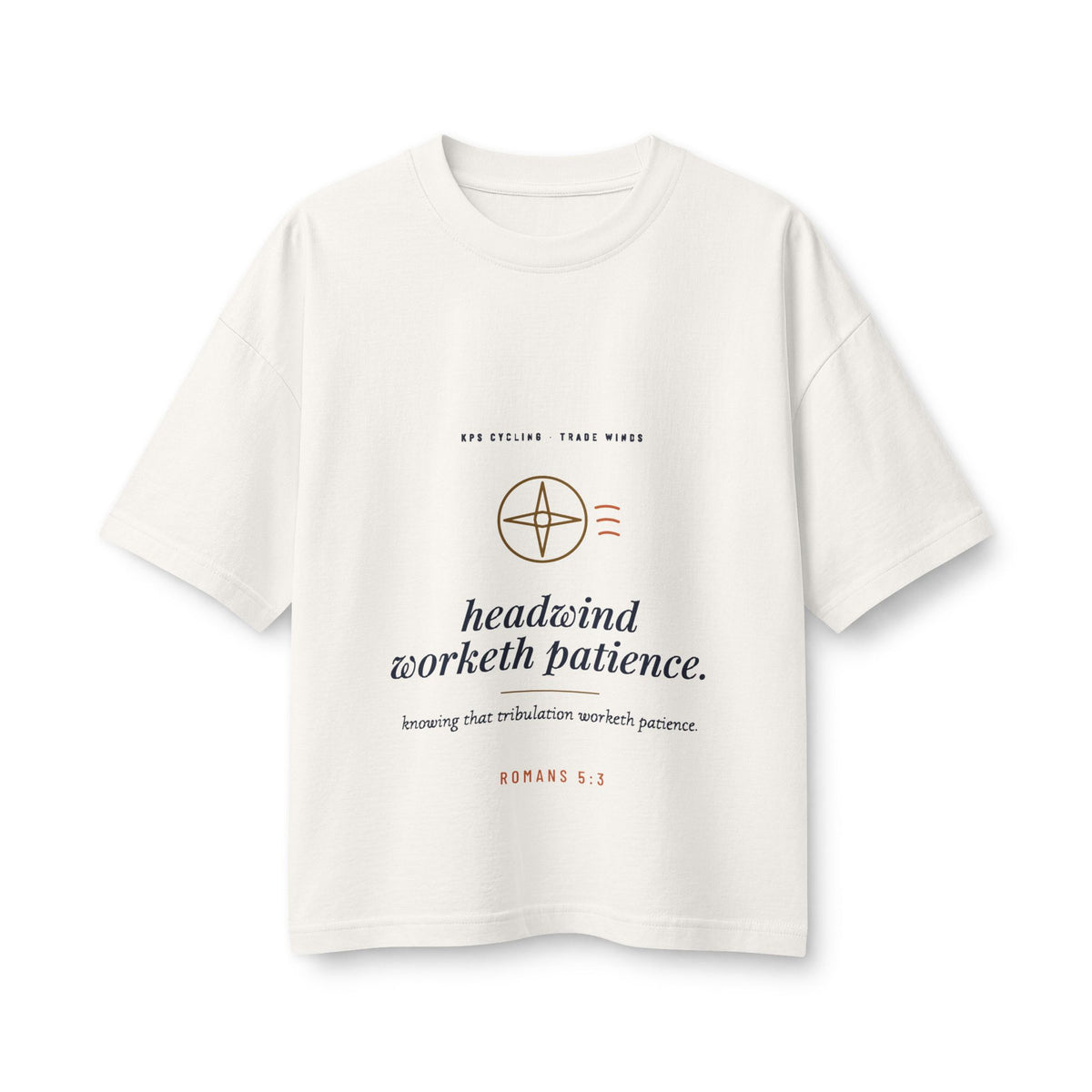 Headwind Worketh Patience Women's Boxy Tee, Vintage White, front view, HEADWIND WORKETH PATIENCE. Romans 5:3 (KJV)