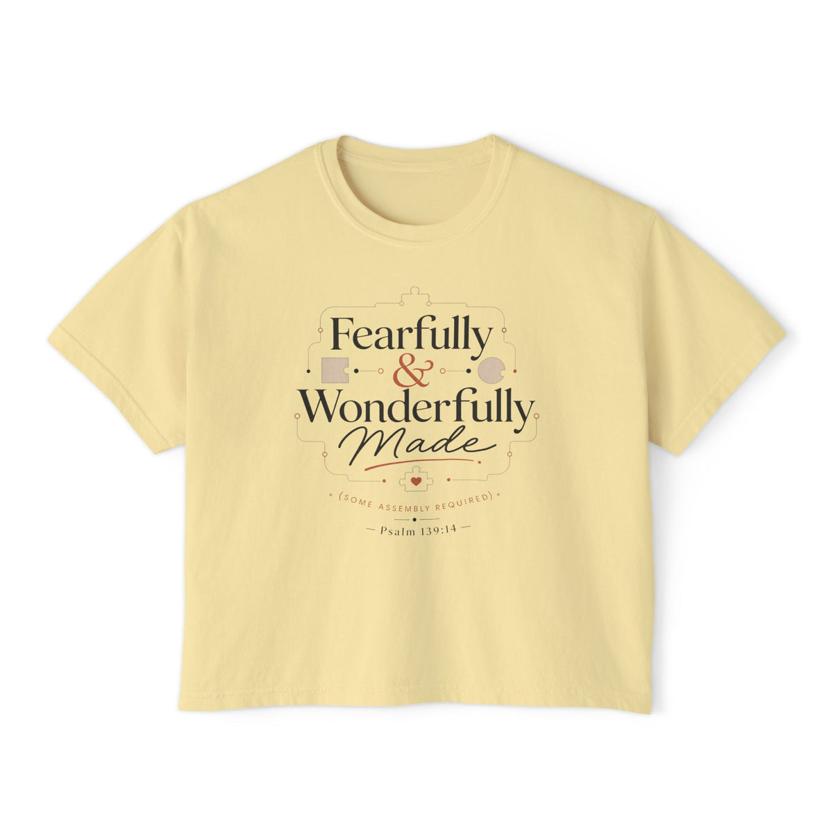 Fearfully Made Crop Tee, crop t-shirt, Butter, front view, FEARFULLY & WONDERFULLY MADE., Psalm 139:14 (KJV)