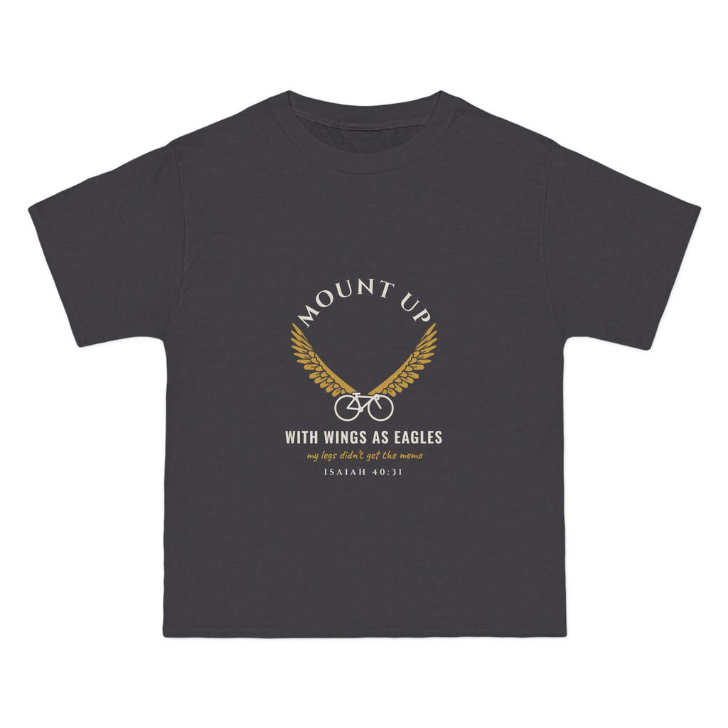 Mount Up (My Legs Didn't Get the Memo) Cycling Tee, Charcoal Heather, front view, MOUNT UP. (MY LEGS DIDN'T GET THE MEMO.) Isaiah 40:31 (KJV)