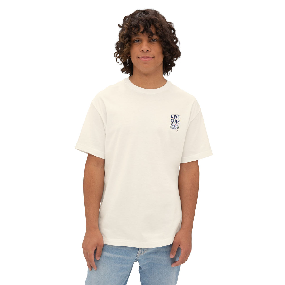 Live by Faith Compass Tee, t-shirt, Natural, front view, worn by a young man, LIVE BY FAITH., Romans 1:17 (KJV)