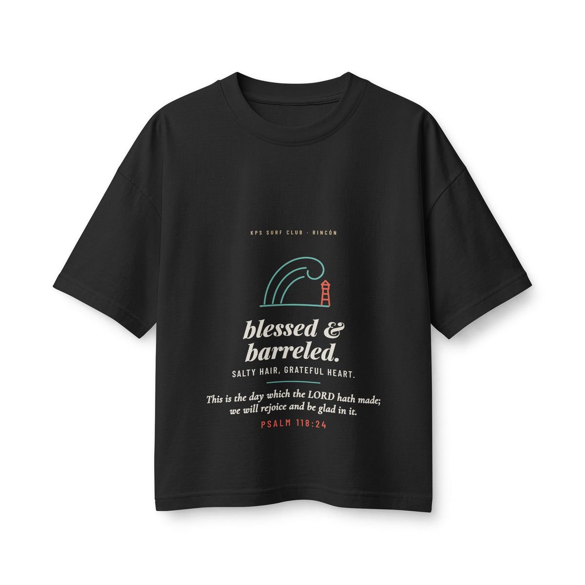 Blessed & Barreled Women's Boxy Tee, Vintage Black, front view, BLESSED & BARRELED. SALTY HAIR, GRATEFUL HEART. Psalm 118:24 (KJV)