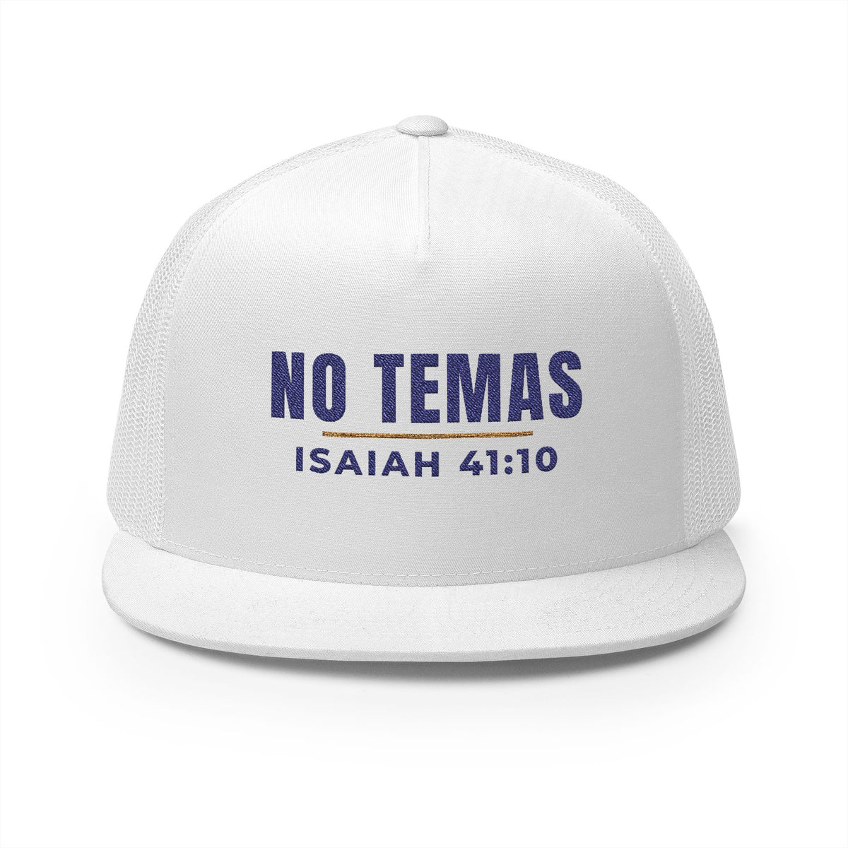 No Temas Trucker Cap, trucker cap, White, front view, NO TEMAS., Isaiah 41:10 (KJV)