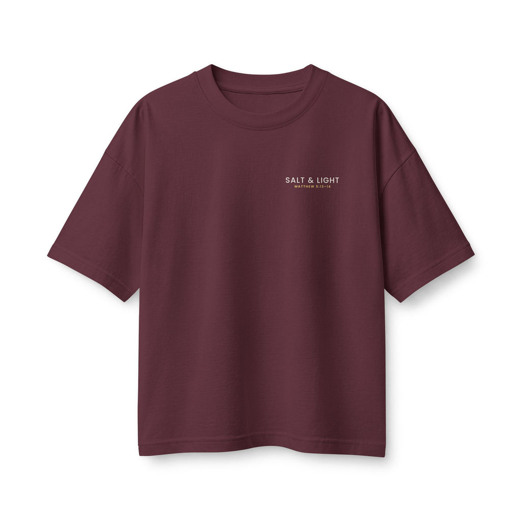 Salt & Light Women's Boxy Tee, Maroon, front view, small chest print, SALT & LIGHT., Matthew 5:13–14 (KJV)