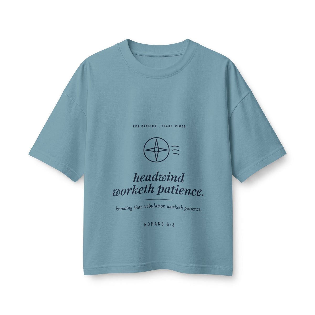 Headwind Worketh Patience Women's Boxy Tee, Vintage Denim, front view, HEADWIND WORKETH PATIENCE. Romans 5:3 (KJV)