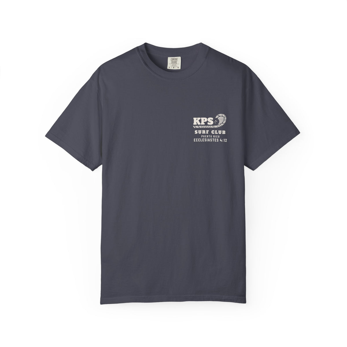 God Sent Me Chop Surf Tee, Navy, front view, I PRAYED FOR WAVES. GOD SENT ME CHOP. Romans 8:28 (KJV)