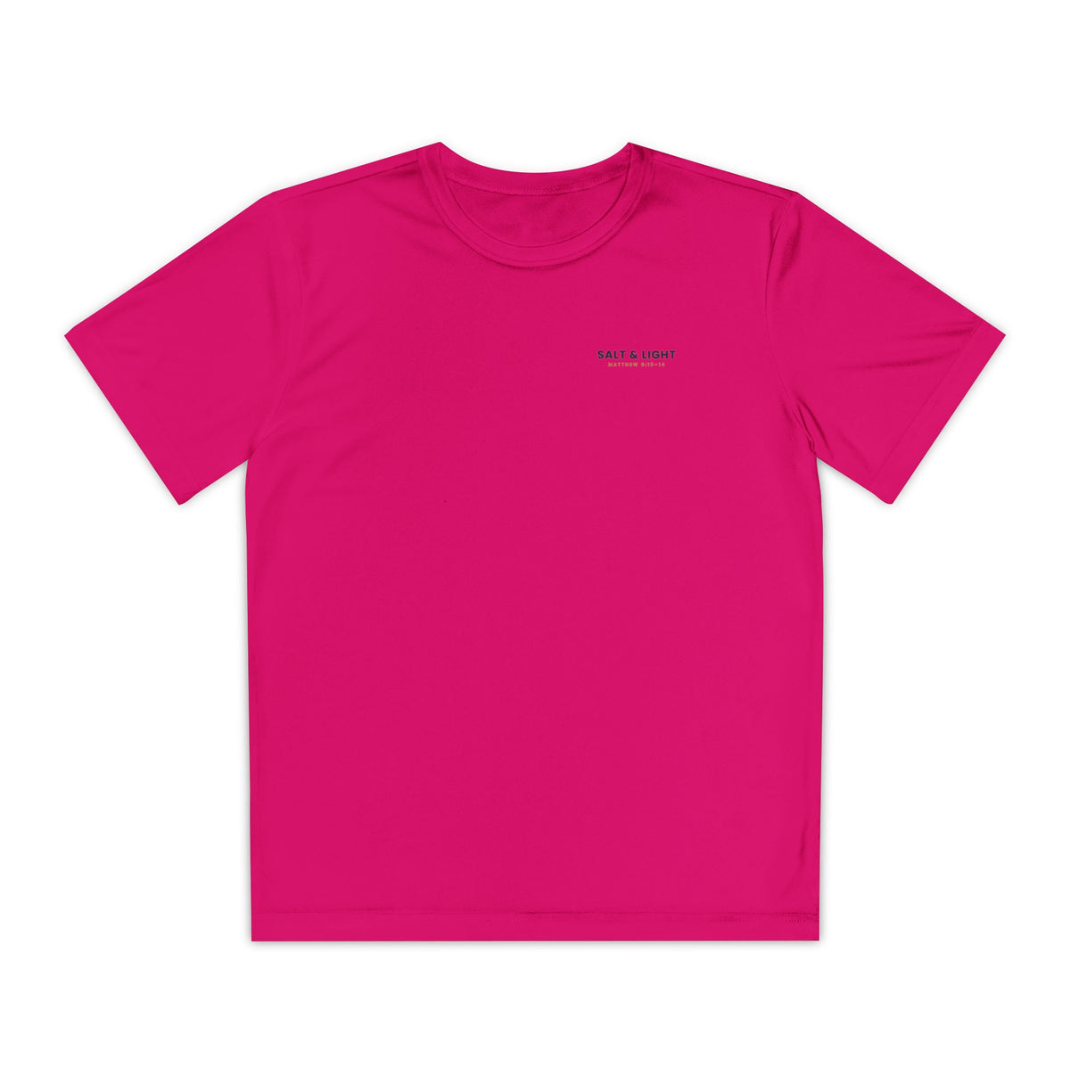 Salt & Light Youth Tee, kids' t-shirt, Pink Raspberry, front view, SALT & LIGHT., Matthew 5:13–14 (KJV)