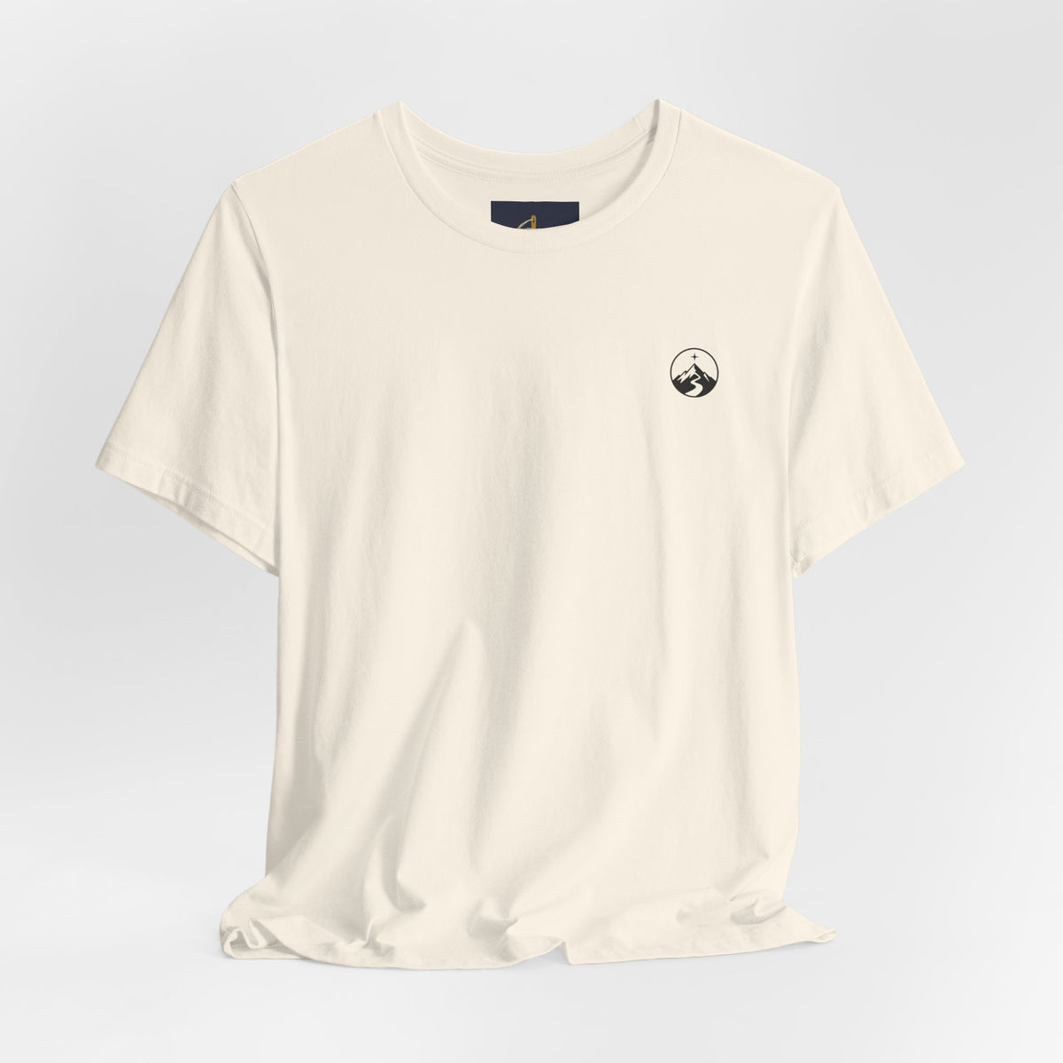 Mountain Trail Tee, t-shirt, Natural, front view, laid flat, HE GUIDES MY TRAIL., Psalm 32:8 (KJV)