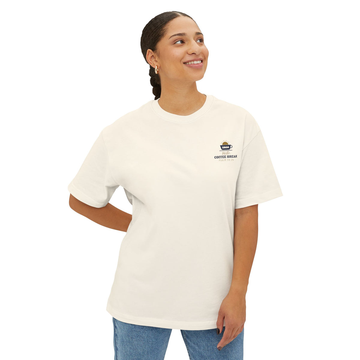 Coffee Break Boxy Tee, t-shirt, Natural, front view, worn by a woman, HELLO, COFFEE BREAK., Psalm 118:24 (KJV)