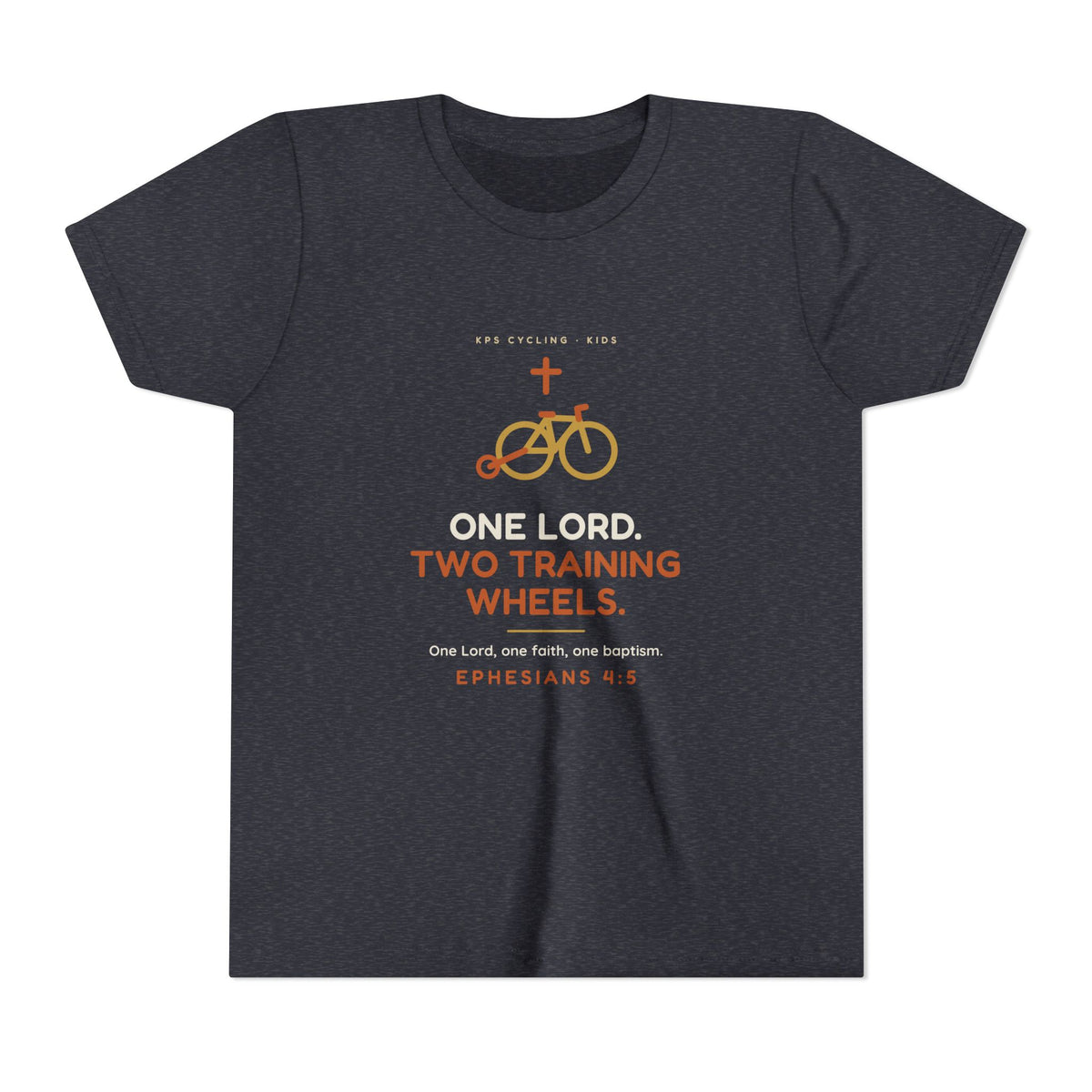 One Lord, Two Training Wheels Youth Tee, Heather Navy, front view, ONE LORD. TWO TRAINING WHEELS. Ephesians 4:5 (KJV)